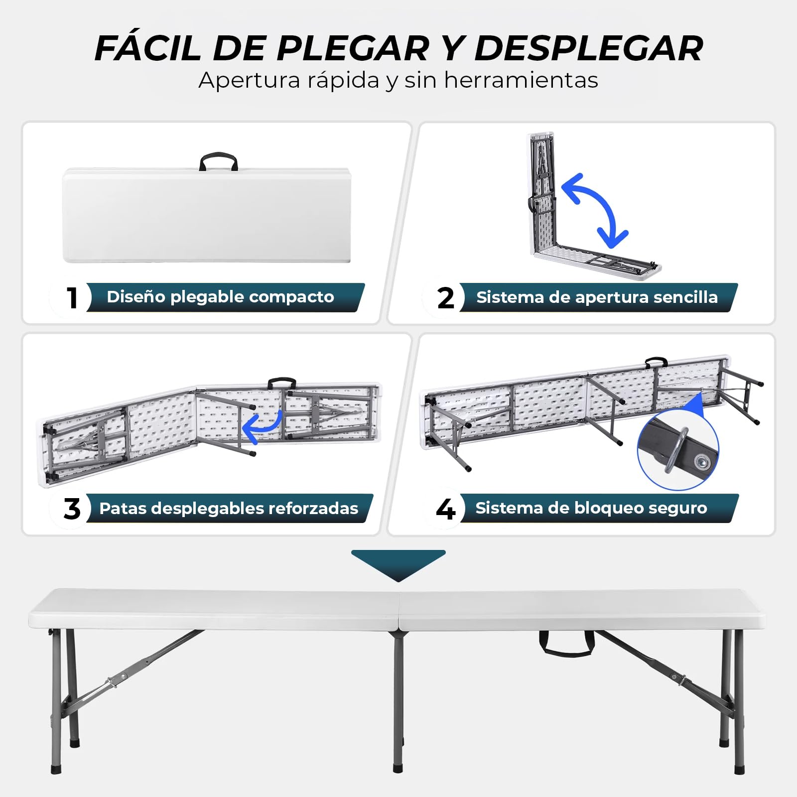 YOEVU Banco Plegable Portátil Multifuncional, Plástico HDPE, 183x28x43cm, Capacidad 300kg, para Jardín Exterior Camping y Patio, Moderno, Blanco
