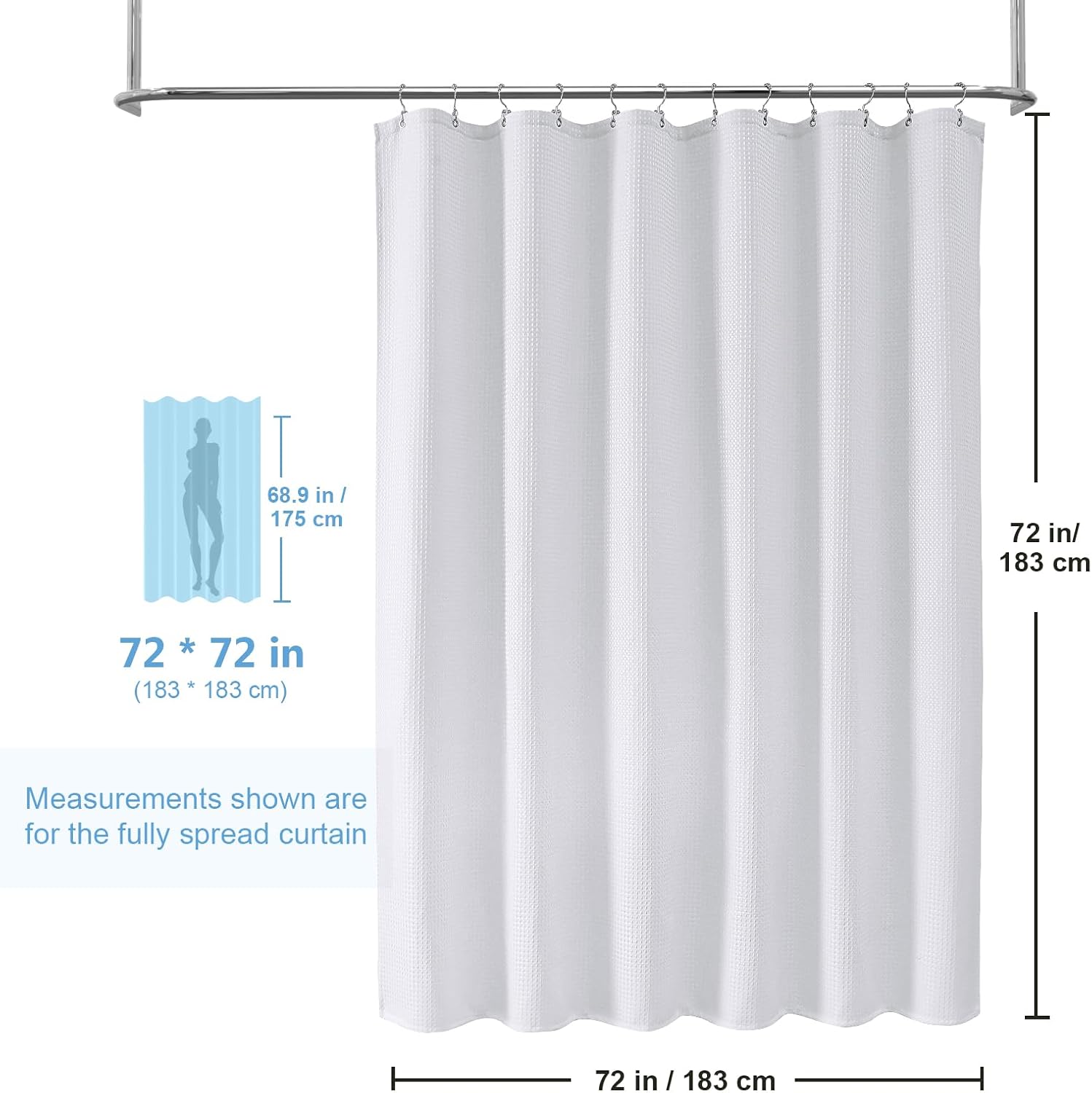 FY&XZH Waffle Shower Curtain Set with Waterproof Fabric Liner and 12 Stainless Steel Hooks Double Sided for Bathroom, 3 in 1 Heavy Duty Polyester Shower Curtain, Machine Washable, 72"x 72"(White)