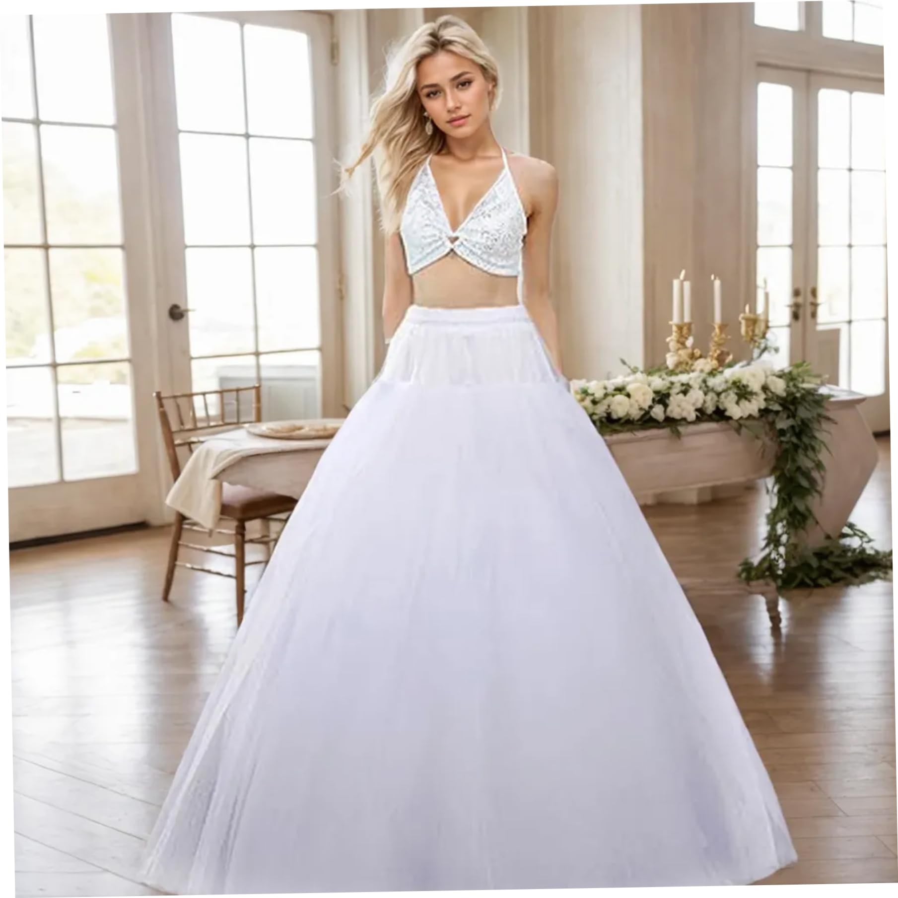 Sottogonna in Crinolina da Donna Sottogonna in Tulle gonfio a 8 Strati con Fodera Raso Sottoveste Lunga Senza Cerchio con Corda Vita Regolabile per Matrimoni Eventi Costume.