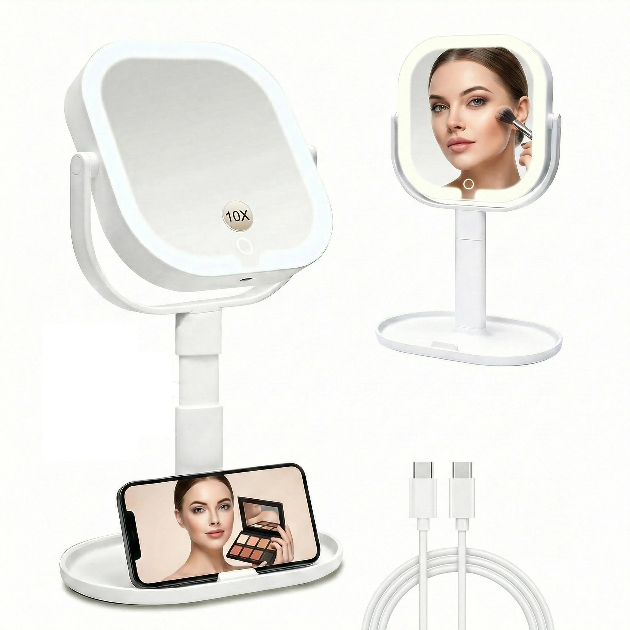 Makeup Mirror with Lights, 1X/10X Magnifying Mirror with Light, Rechargeable Lighted Makeup Mirror with Magnification, 3-Color Lighting, Height Adjustable 360° Rotation Desk Mirror, Gift for Women