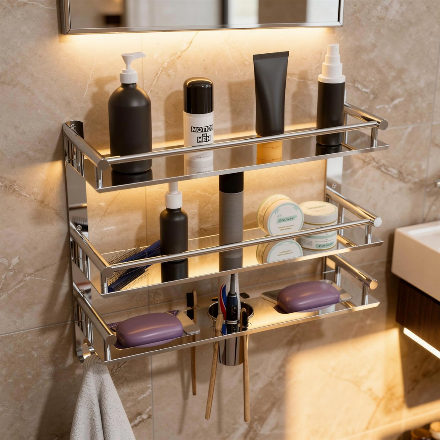 Multipurpose Bathroom & Double Dish&Tumbler&Soap&Tooth Brush Holder/Towel Holder Stainless Steel Wall Shelf-image-30