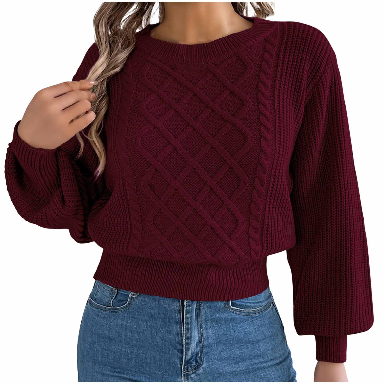 Cable Knit Sweaters for Women Crewneck Casual Long Sleeve Solid Color Pullover Sweater Winter Soft Cozy Tunic Tops