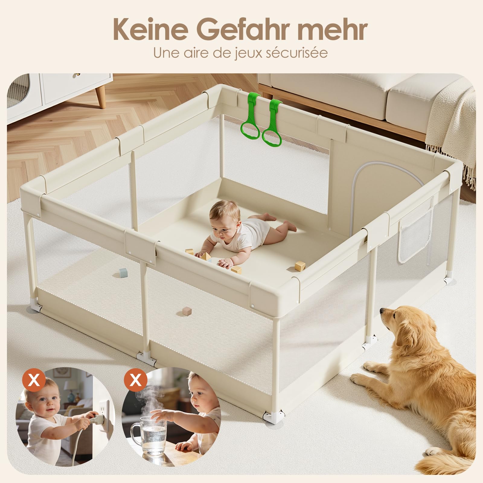 Beige Parc Bebe 120 × 120cm - Petit Parc Enfan Parc de Jeux Bébé | Parc Bebe Maille Respirante，pour Appartements Park, Facile à nettoyer Oxford, Maille Transparente Sans BPA