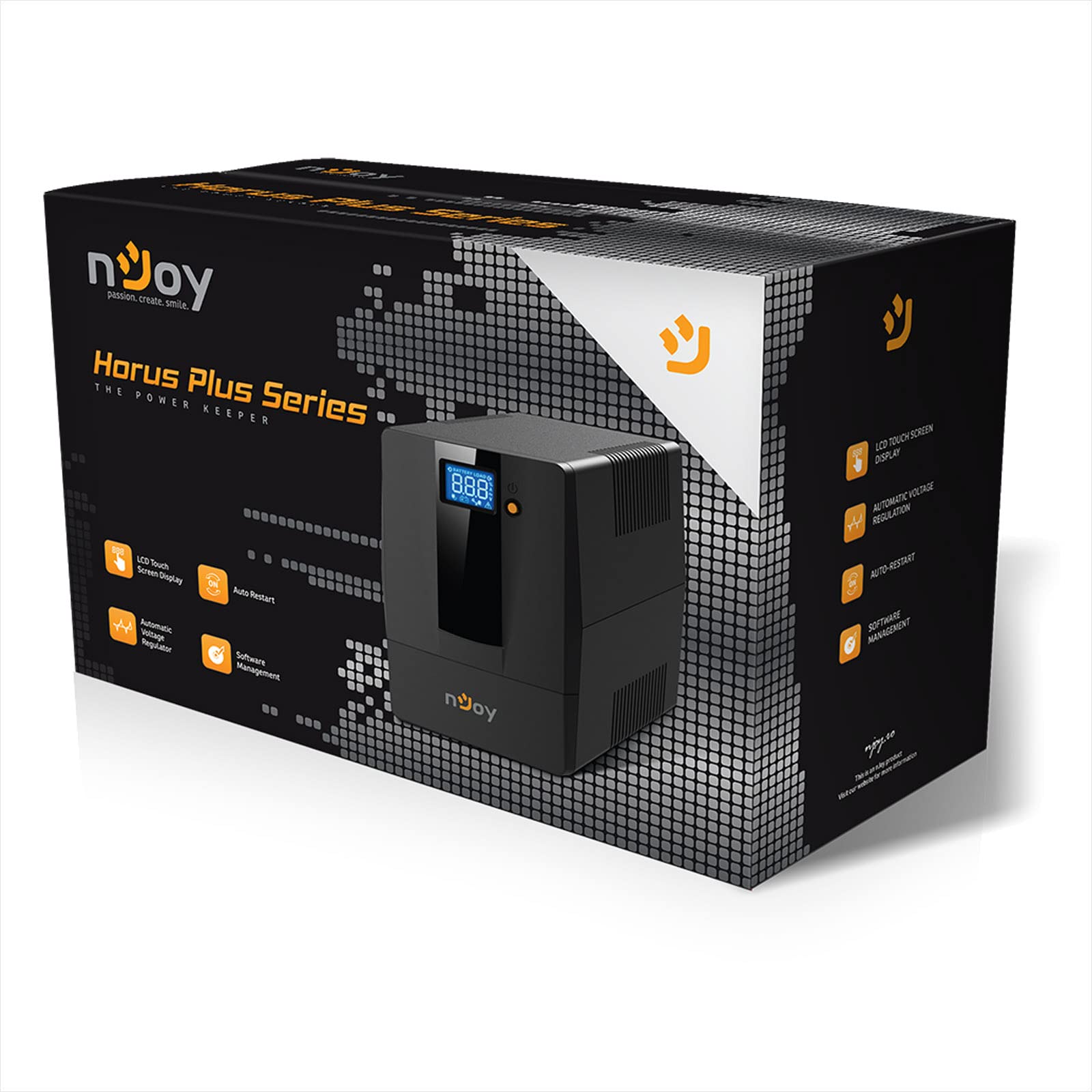 NJOY Horus Plus 1000 Gruppo di Continuità UPS 1000VA 600W | Protezione Blackout e Sbalzi di Protezione | Line Interactive | AVR | Display LCD Touch | 4 Uscite Schuko | USB | Software incluso