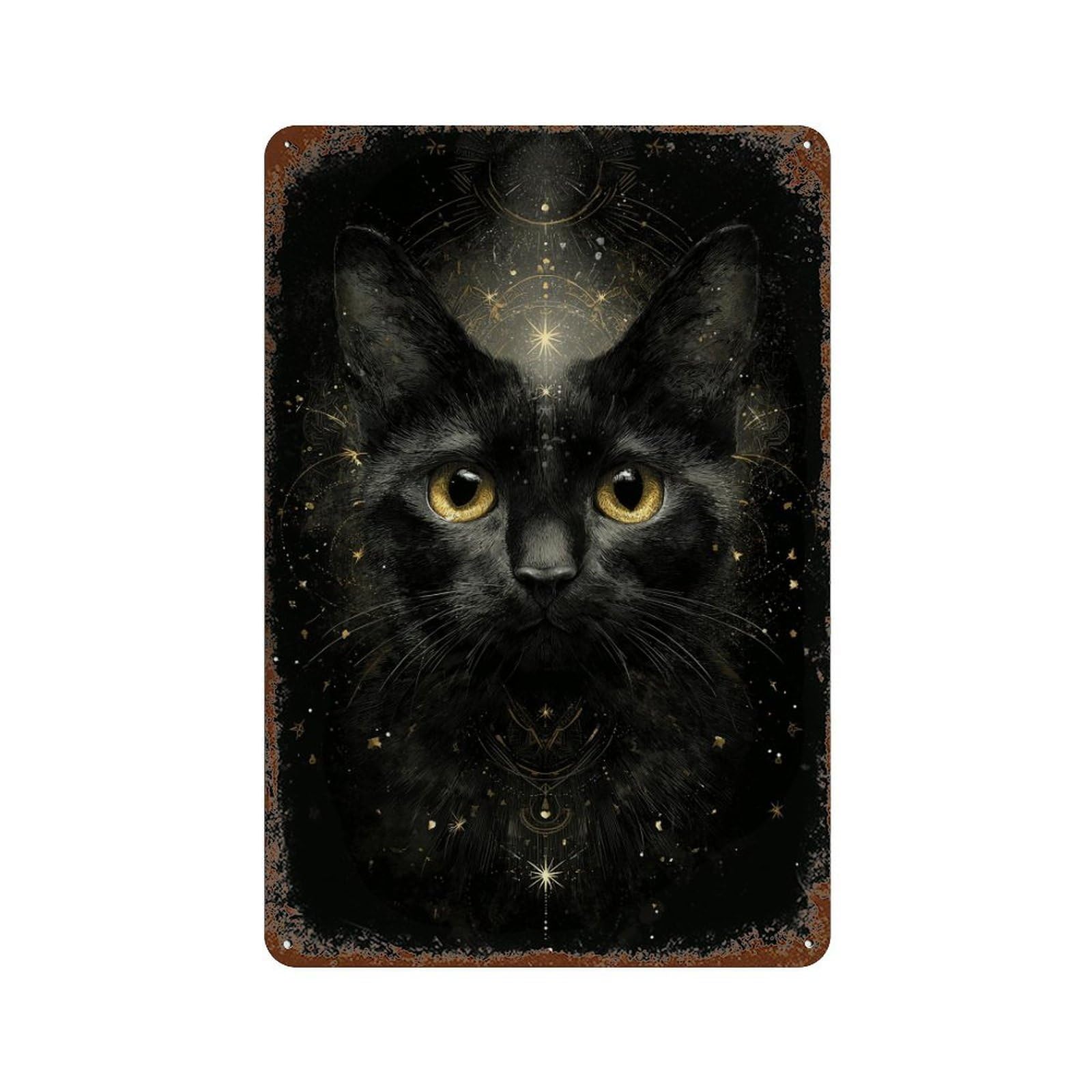 Rusty Metal Tin Sign Black Cat Mystic Art Print 11.8"x7.9", Vintage Wall Decor for Shed, Workshop And Garage Wall Decor
