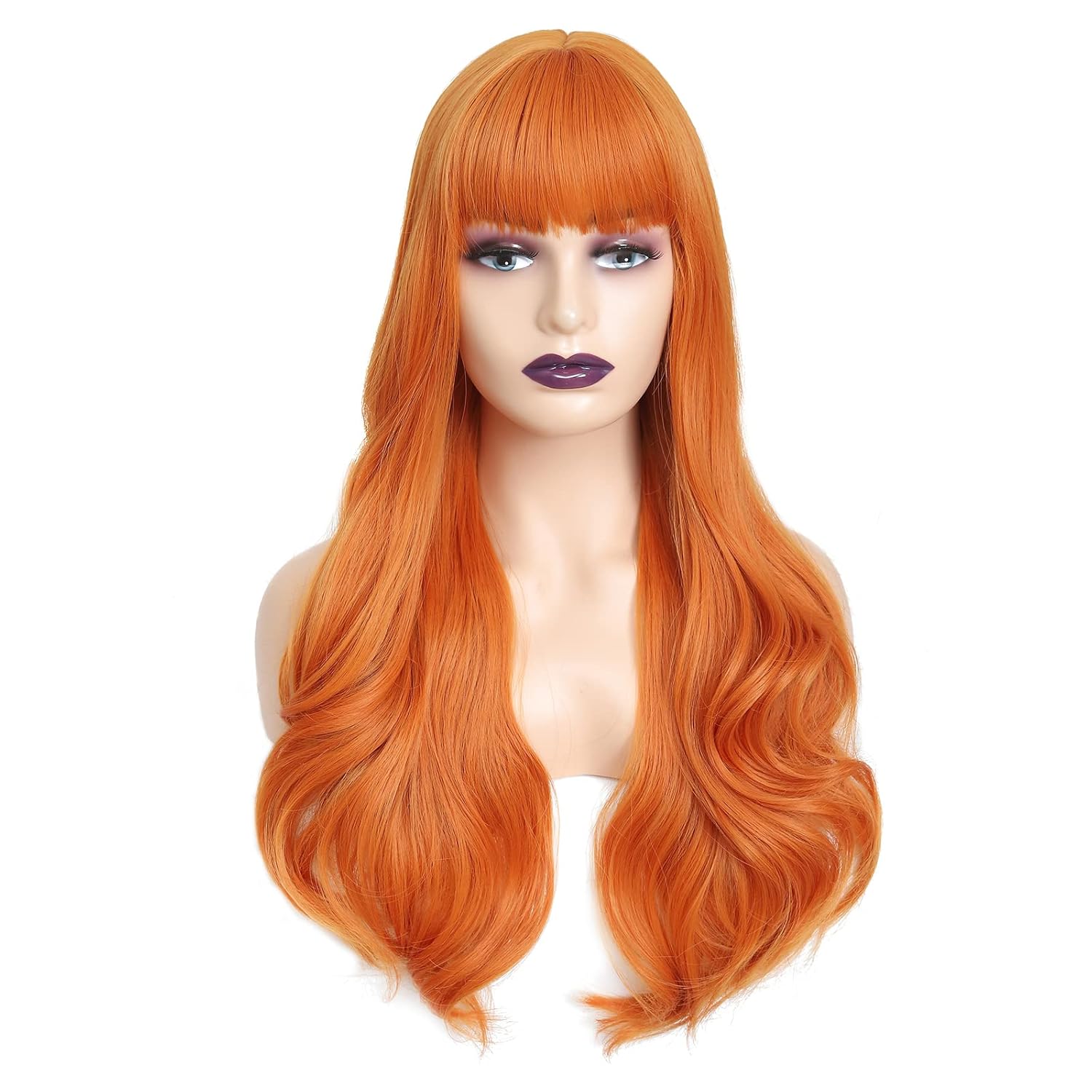 AISI QUEENS Orange Ginger Wig with Bangs Long Wavy Wig for Women Halloween Daphne Cosplay Wig Use Heat Resistant Synthetic (26inch, Orange)