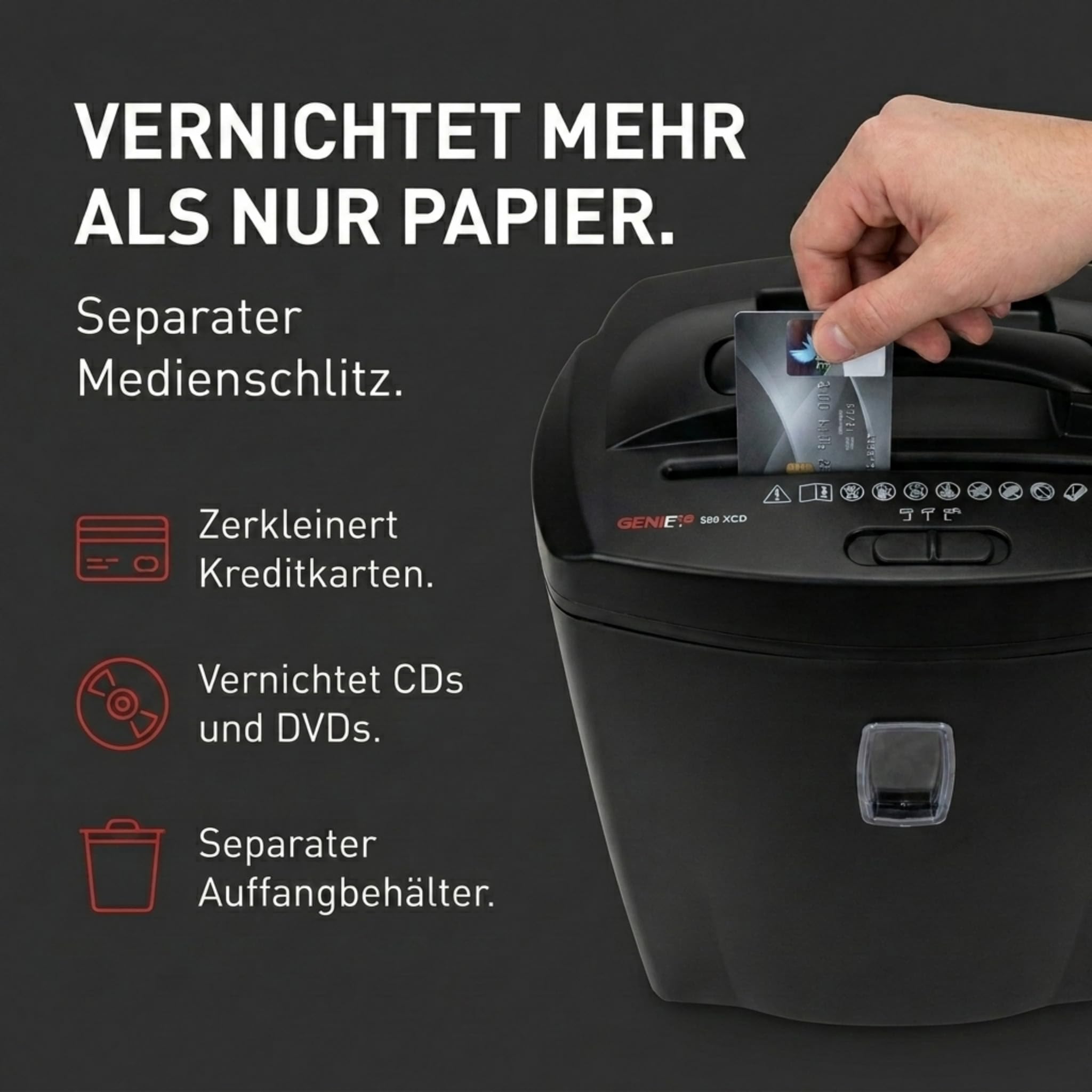 Genie 580 XCD Aktenvernichter; bis zu 10 Blatt; Partikelschnitt (Sicherheitsstufe P-4); mit CD - Shredder; inkl. Papierkorb; schwarz, 350 x 215 x 450 mm