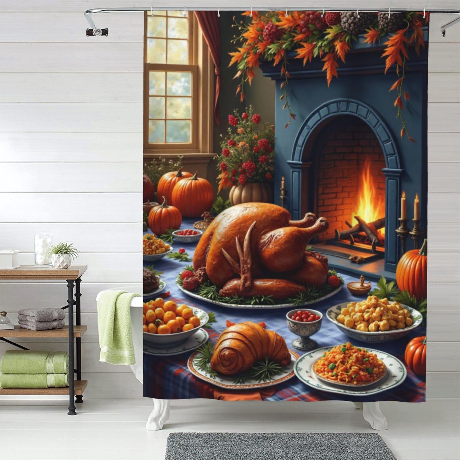 Rideau de douche dinde automne en tissu lavable 152x183 cm pour salle de bain festive