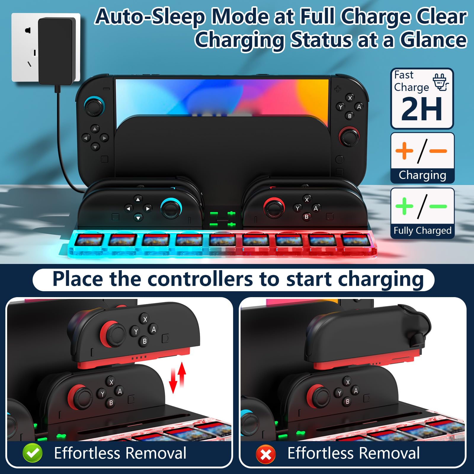 Caricatore Joycon per Nintendo Switch 2, Stazione di Ricarica per Controller Switch 2 con 7 Luci RGB/9 Memorizzazione Della Scheda di Gioco, Compatibile con 4 Joy Con