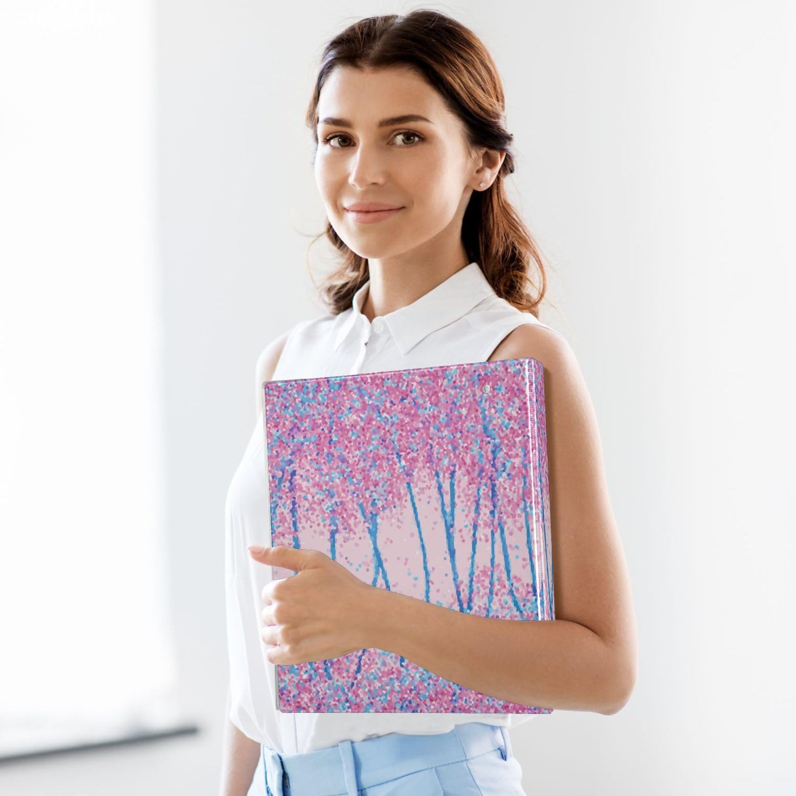 Kcldeci Raccoglitore a 3 anelli con copertina rigida, foresta di fiori di ciliegio, anelli rotondi da 3,8 cm, con tasche interne, per scuola, ufficio, ricette, raccoglitori, confezione da 2