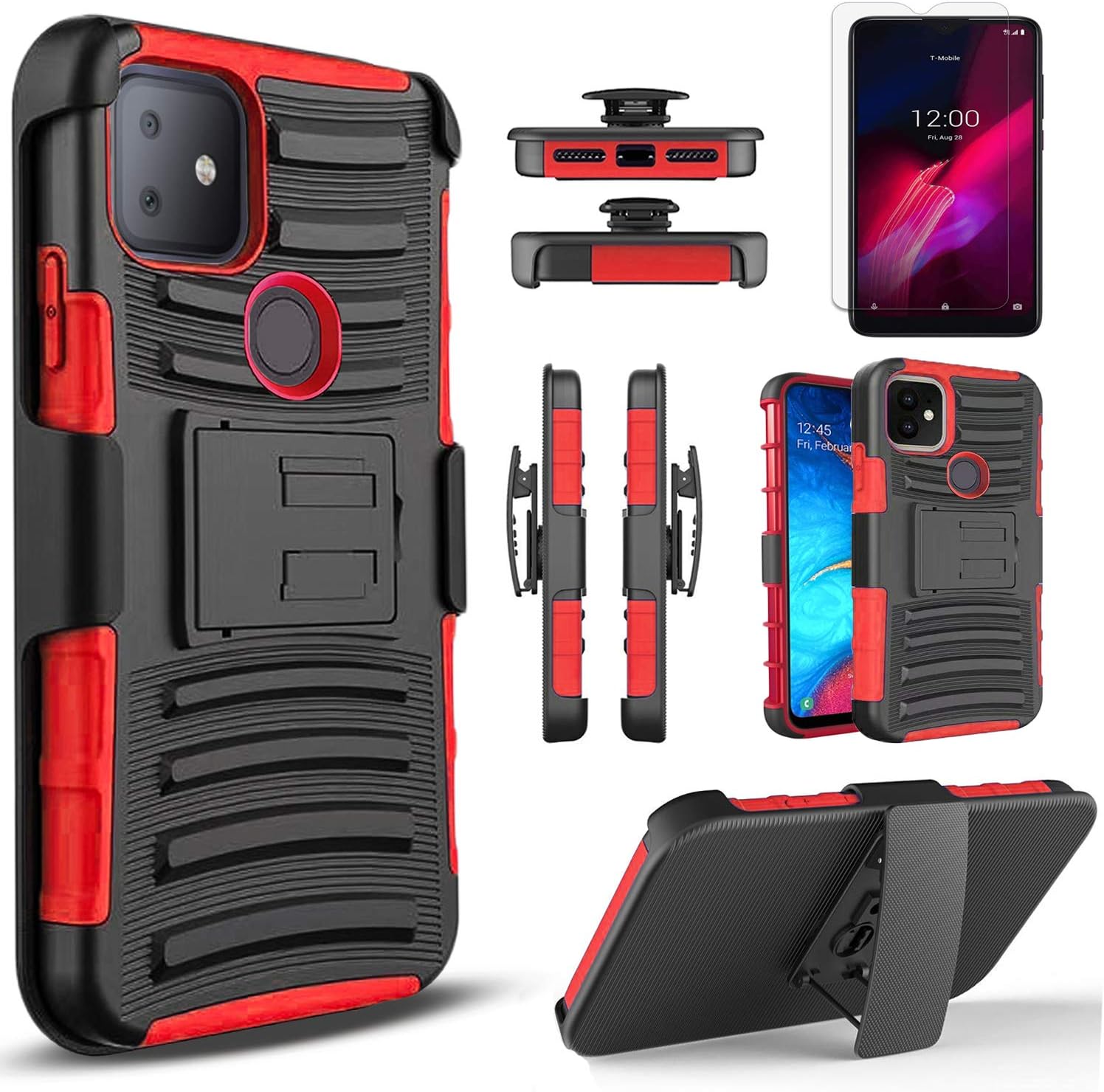 Compatible for Circlemalls Revvl 4 Plus Phone Case, [Not Fit Revvl 4] with [Tempered Glass Screen Protector Included], Armor Heavy Duty Kickstand Cover with Belt Clip Holster - Red