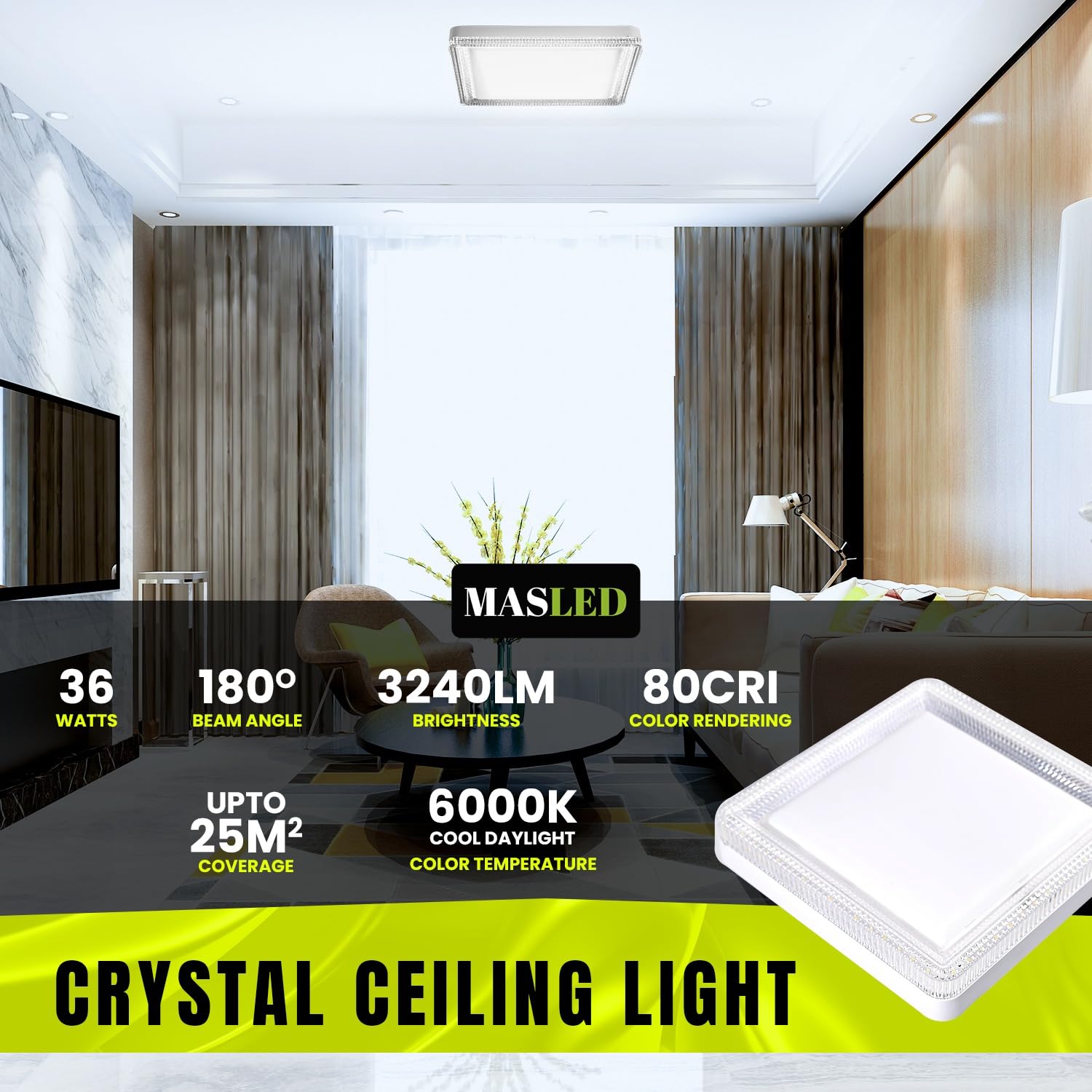 ONEGlobal MASLED 36W LED Square Ceiling Light with Crystal Lampshade - Image 3