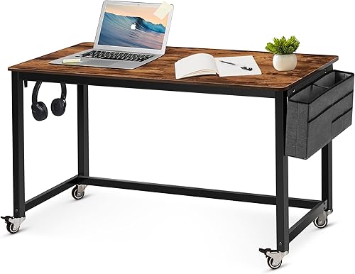 Miniatura 60 de AHB Escritorio para computadora con 4 ruedas lisas, escritorio móvil de estilo simple, mesa de estudio para oficina en casa, estación de trabajo