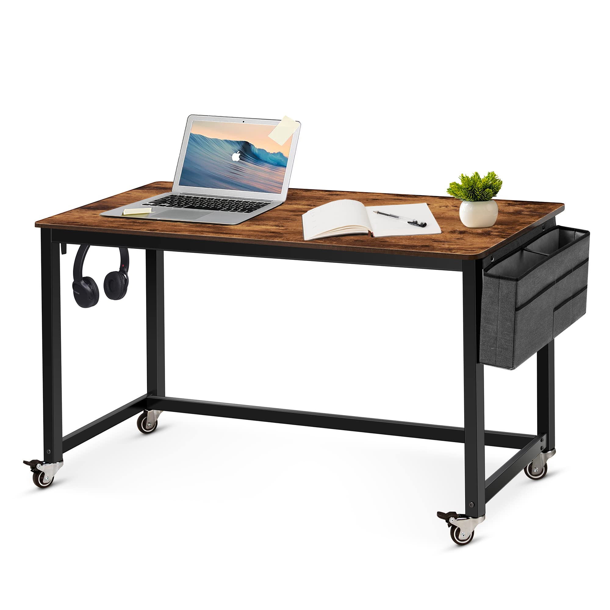 55" Rolling Computer Desk with 4 Smooth Wheels, Simple Style Mobile Writing Desk Home Office Study Table Movable Workstation with Metal Frame