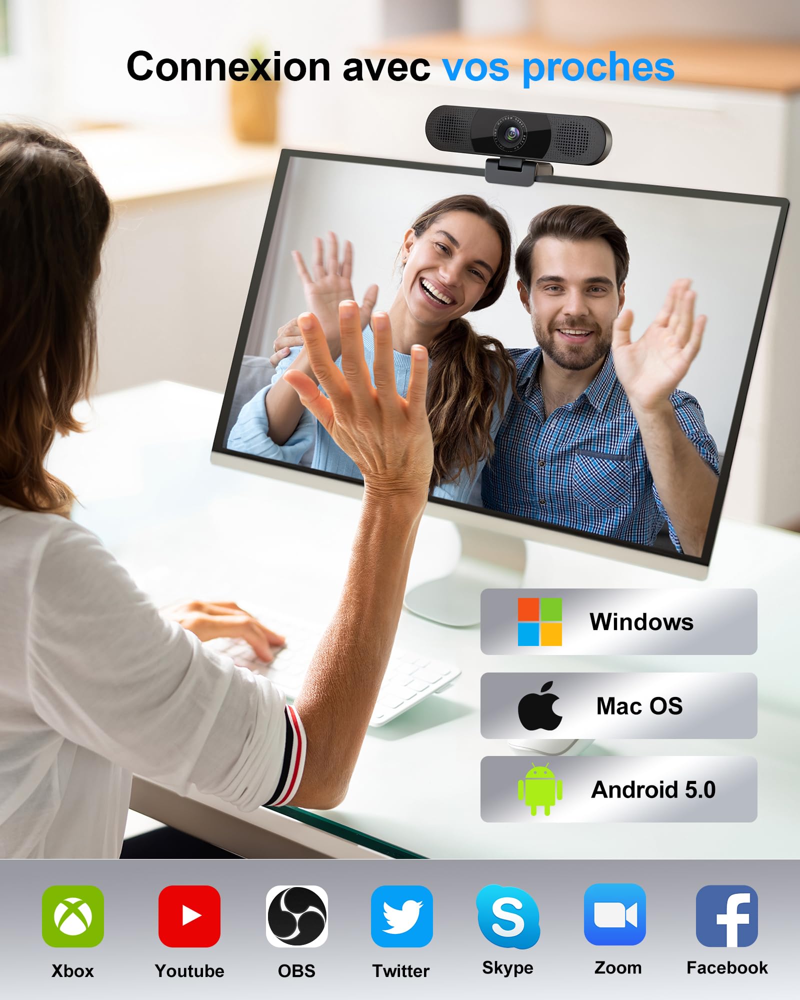 EMEET Webcam C980PRO avec microphone et haut-parleur avec cache objectif, champ de vision à 90°, mise au point automatique, Plug & Play, webcam idéale pour PC, équipes, conférence