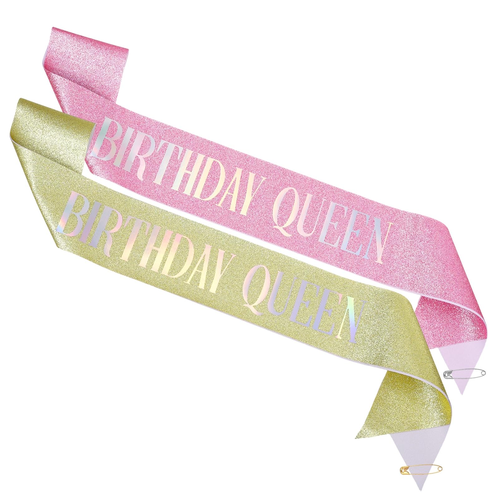 M METERXITY 2-Pack Birthday Sash Printed with the Word Queen, Sequined Fabric Birthday Gifts Decorations with Pin for Women, Teens, Adults/Party Favors Supplies [Pink Glitter, Gold Glitter]