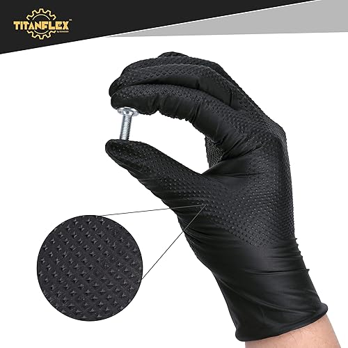Miniatura 5 de TitanFlex Guantes industriales de nitrilo negros resistentes con textura de diamante elevado, sin látex (6mil8mil)