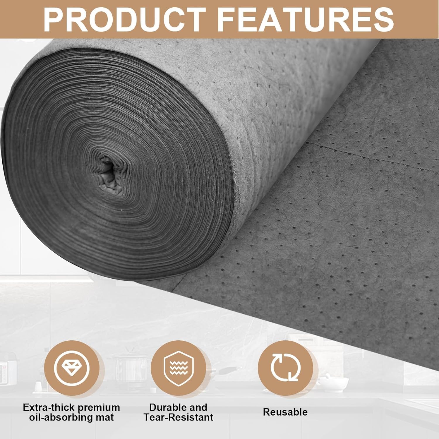 150' L x 30" W Absorbent Mat Roll, Heavyweight Oil and Watter Pads Absorbs up to 40.2 Gallons, Polypropylene Meltblown Maintenance Absorbent Bonded Roll, for Protecting Home Garage Basement