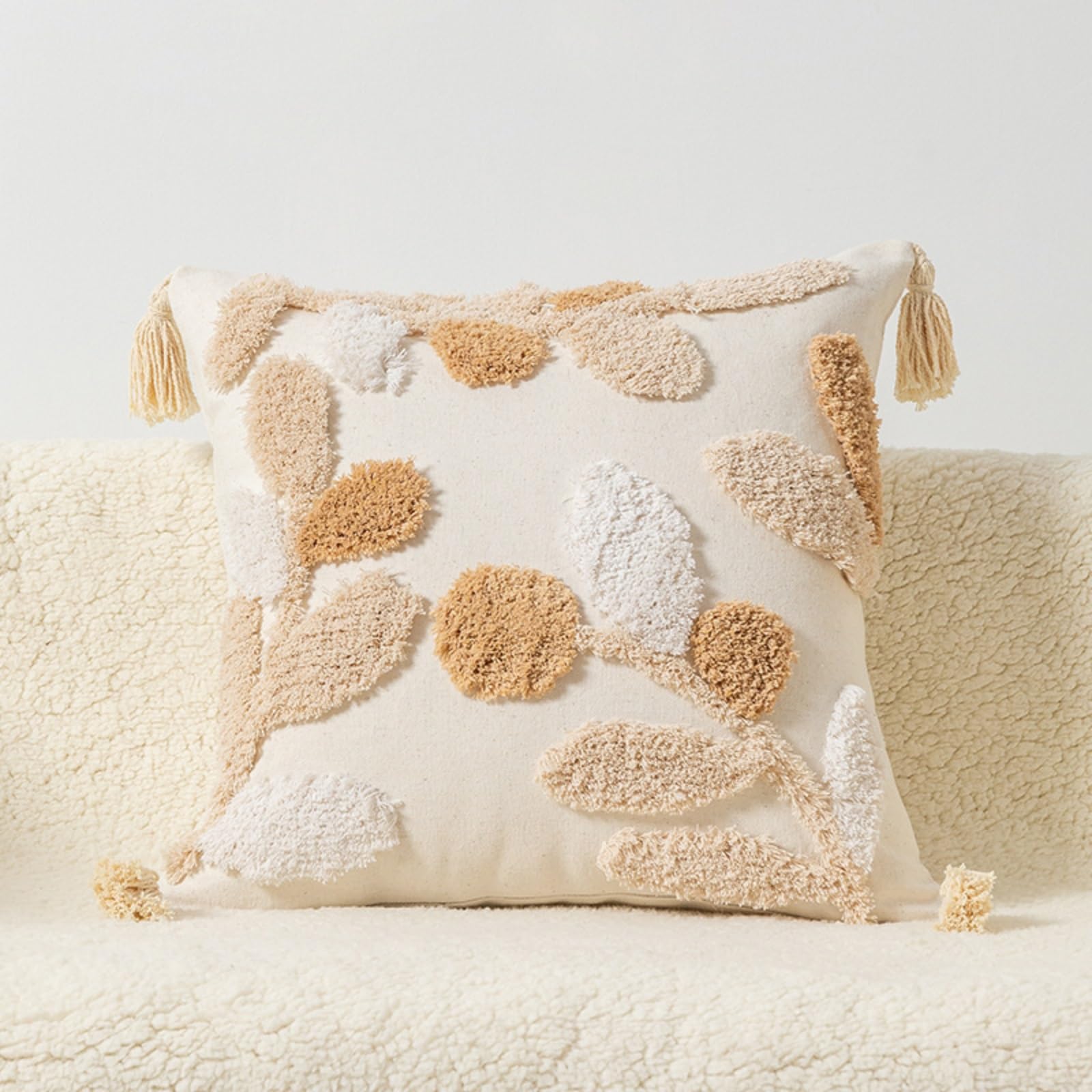 Housse coussin bleu beige touffetée bohème 45x45 cm en lot de 6 pièces pour décoration salon