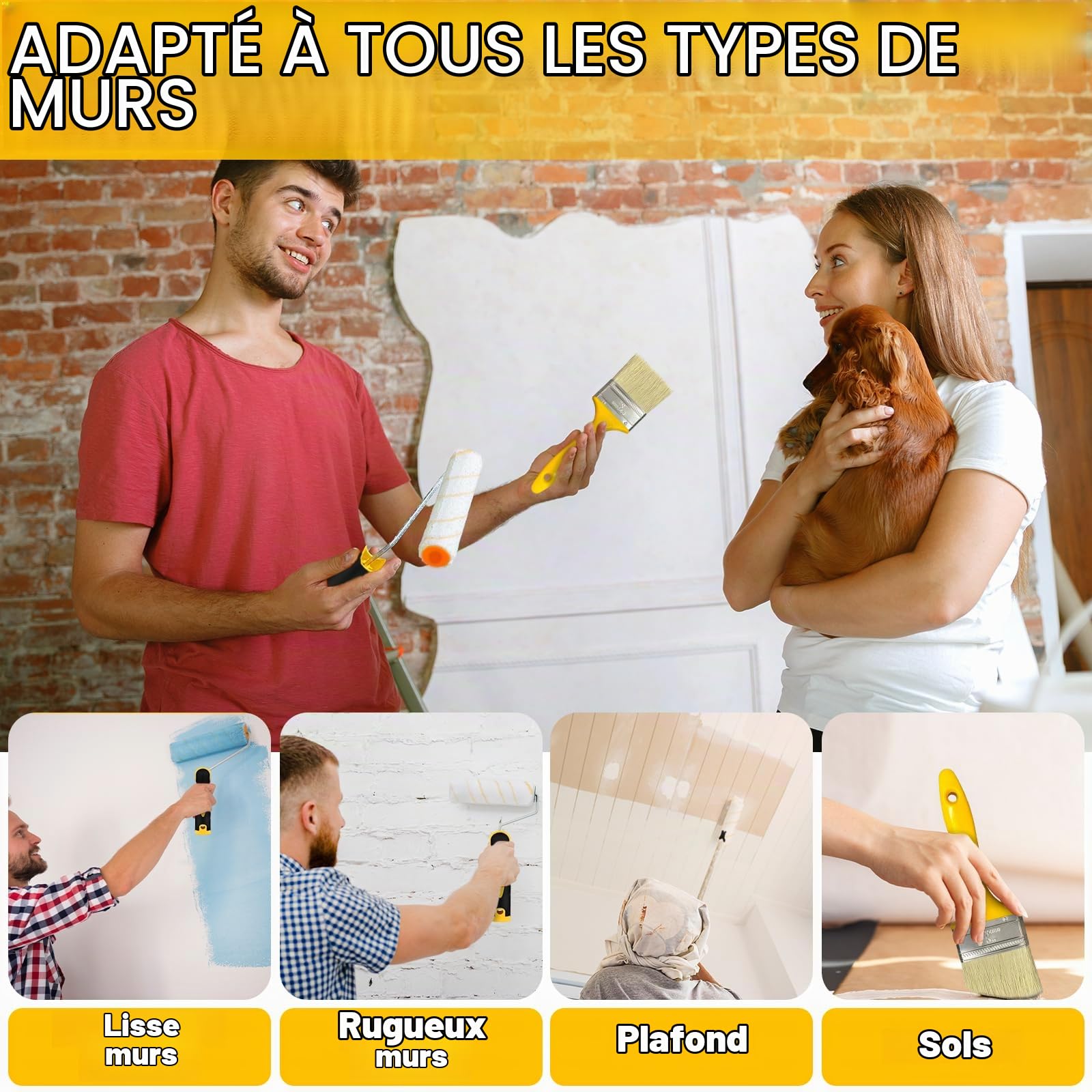 Lot de 12 Pinceaux Peinture et Rouleaux Peinture Murs et Plafonds, Comprend un bac à Peinture, Agitateur, des Rouleaux et des Manchons Grands et Mini, un Ruban de Masquage Répulsif