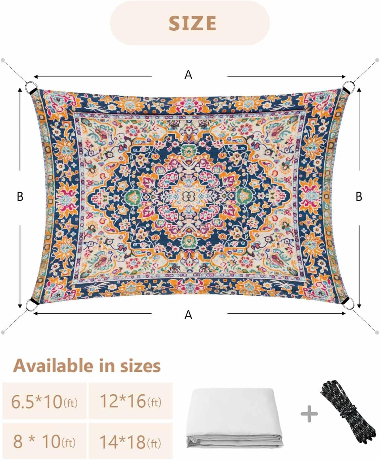 Sun Shade Sail 12' x 16', Boho Blue Yellow Sun Blocking Shades Privacy Outdoor Covering, Ethnic Vintage Mexican Flowers Southwestern Shade Cloth for Patio Deck Terrace Garden Lawns Beach Backyard