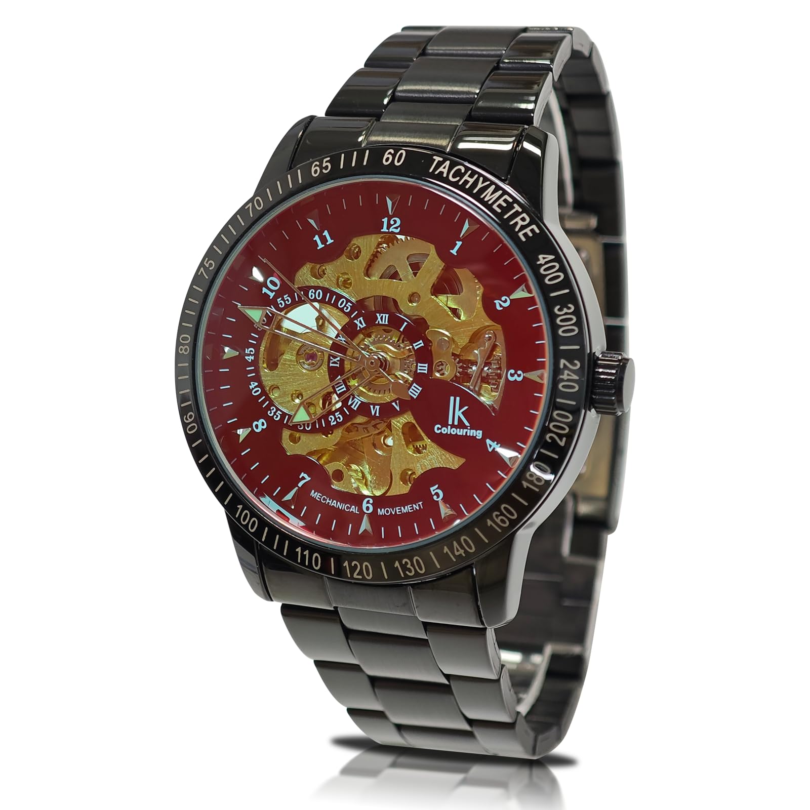 Orologio da polso meccanico automatico scheletro, quadrante argentato dorato tachimetro nero in acciaio inox casual Steampunk Watch Nero e rosso