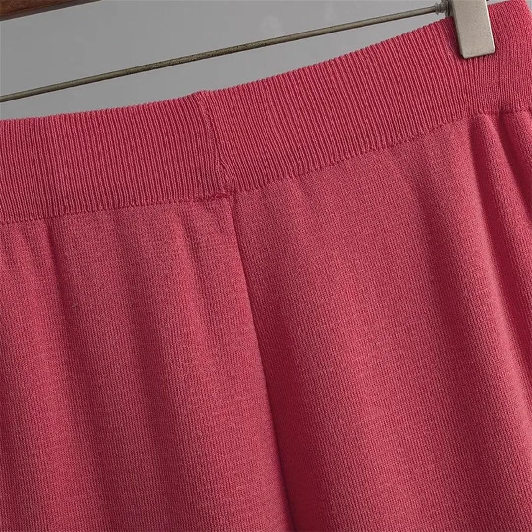 Ensemble d'été deux pièces tricoté en soie glacée pour femme - Pull à manches courtes - Taille haute - Pantalon ample à jambes larges
