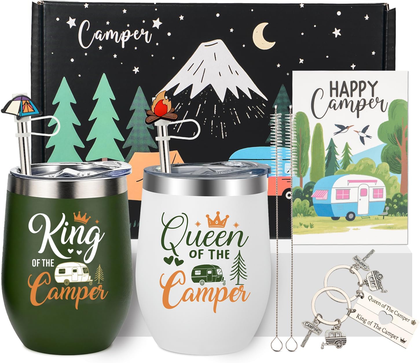 Cool Camping Gifts For Campers, Couples, Men, Women, Rv Owners, Lover, Christmas & Birthday Hiking Gifts, Rv Gift With Funny Camping Mugs Set Of 2 "King" And "Queen", Keychain, Greeting Card, Stuff