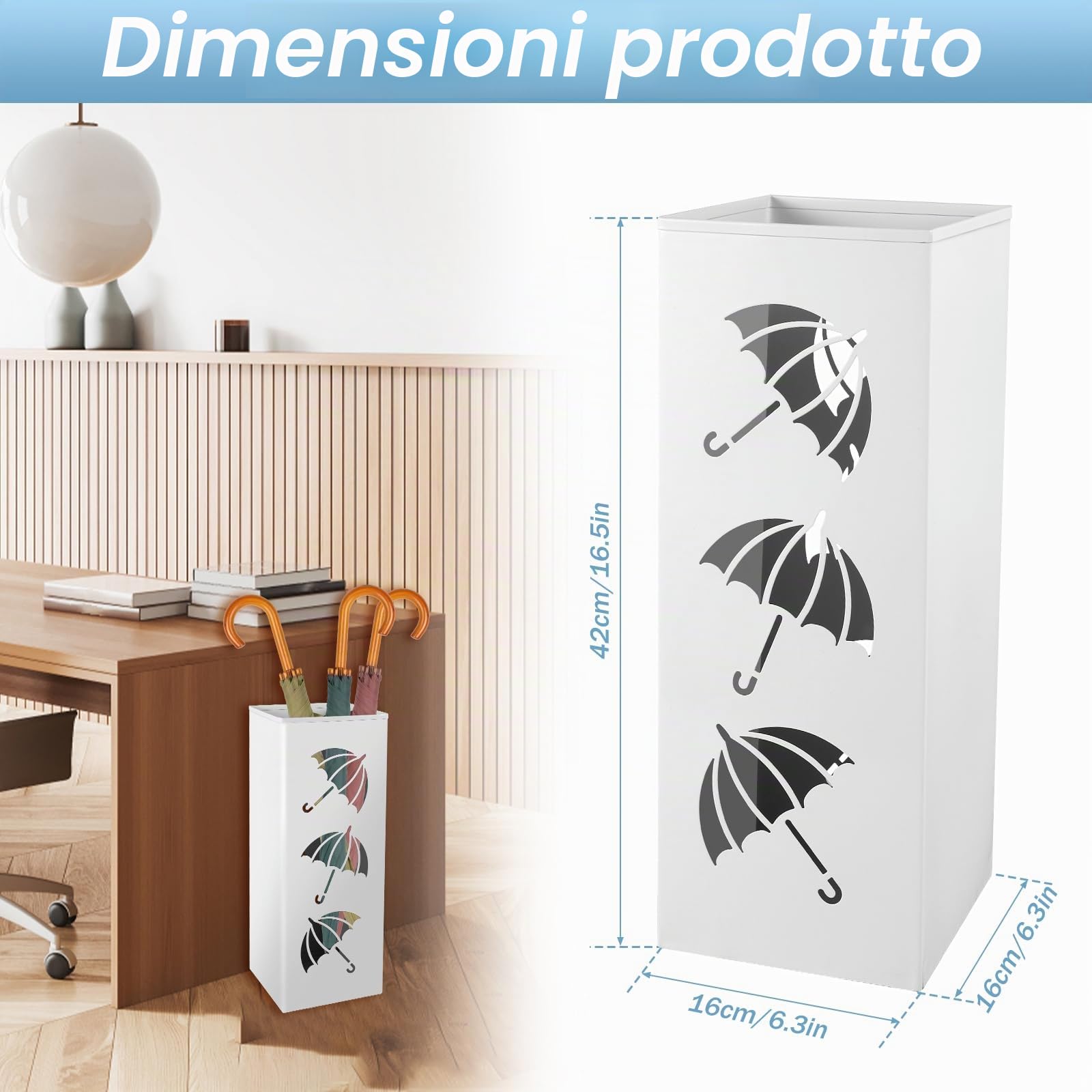 Porta Ombrello Design, Porta Ombrelli in Metallo Quadrato in Stile Moderno, Supporto per Ombrelli con Scultura Antiruggine, per Casa, Ufficio, Ingresso Corridoio, 42 x 16 x 16 cm (Bianco)