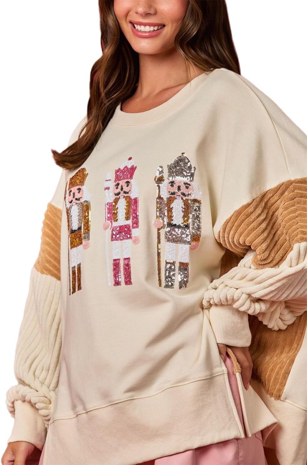 cffvdiz Oversized Christmas Sweatshirts for Women Funny Sequin Nutcracker Soldier Graphic Slit Crewneck Long Sleeve Pullover - Image 2