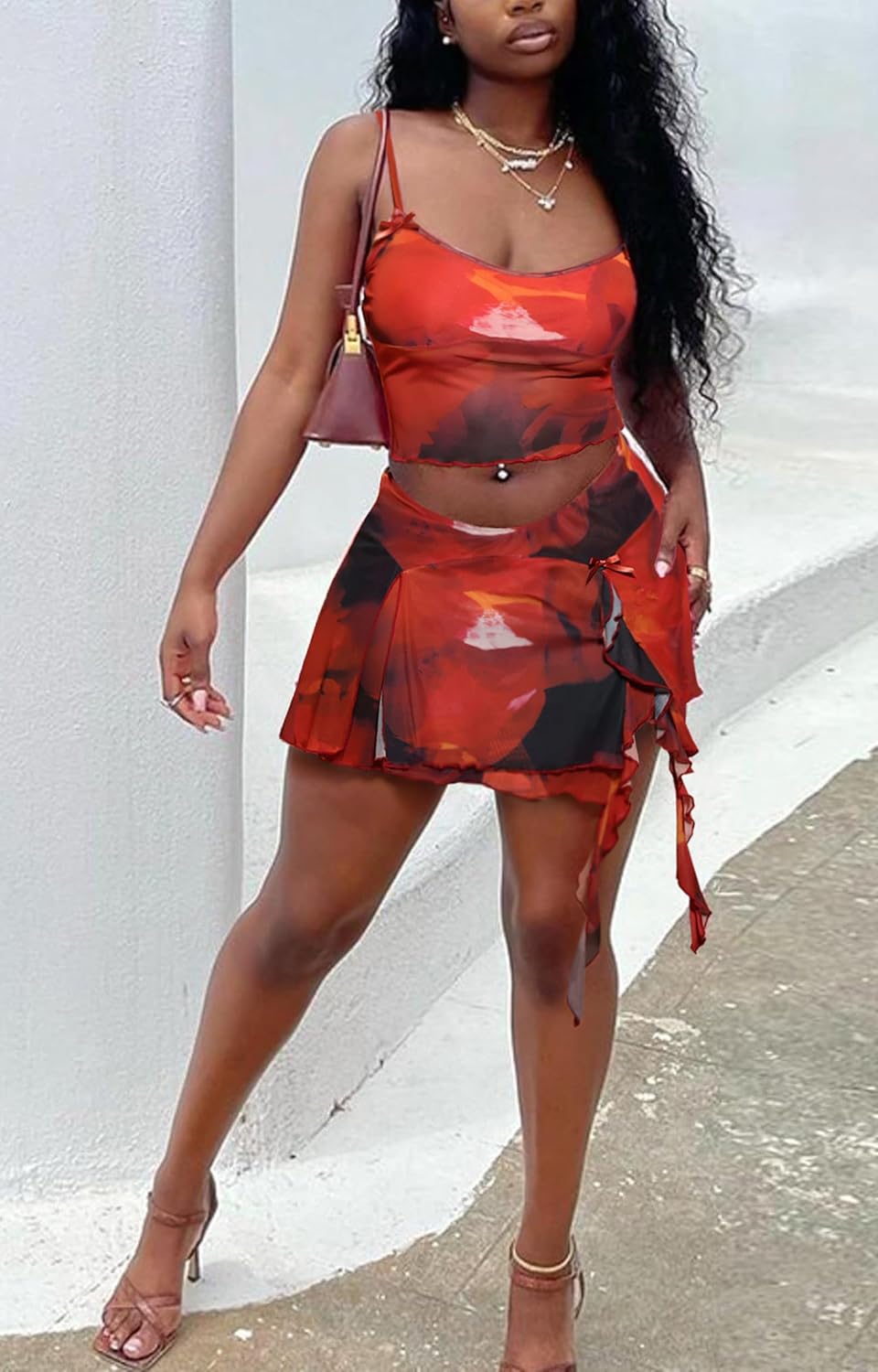 Ophestin Womens Sexy 2 Piece Club Outfits Set Floral Print Camisole Crop Top Mini Skirt with Slit - Image 2