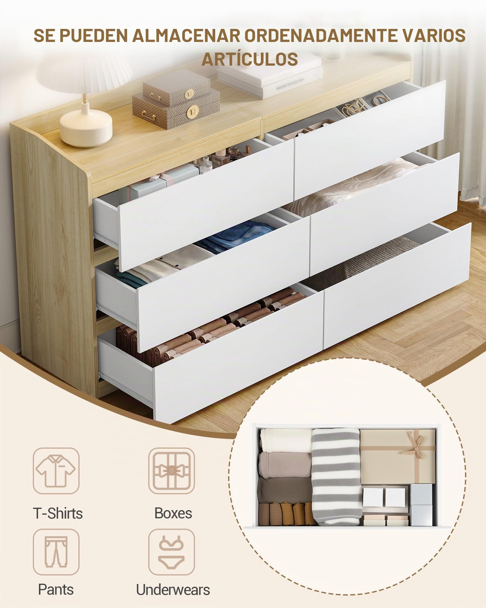 Hzuaneri Cómoda, Cajonera Dormitorio de 6 Cajones, Armario Auxiliar con Superficie de Trabajo, Estilo Moderno, para Salón, Dormitorio, Pasillo, 40 x 138 x 84 cm, Blanco-Roble DC32631X