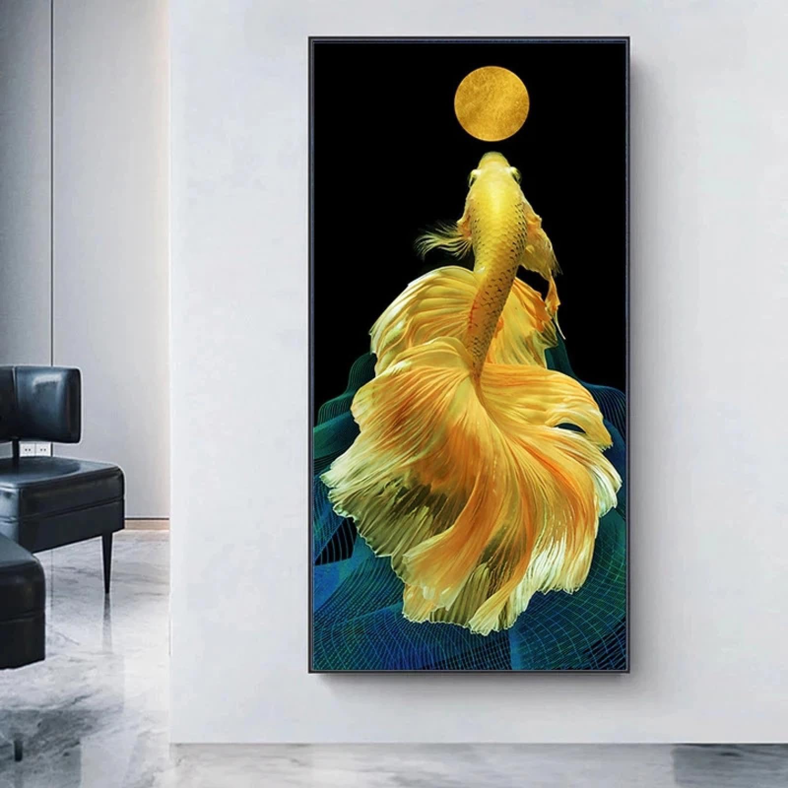 LMAIWANG Quadro su tela con pesce koi dorato, Feng Shui, carpa, coda di pesce, poster e stampe, moderno, decorazione da parete, cornice 70x140 cm