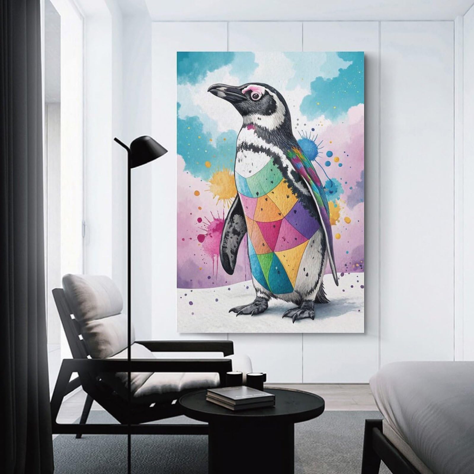 Junmoney Colorful Penguin Art Home Decor Wall Art, 24x36inch(60x90cm), for Work Areas, Reading Rooms Or Studios, An Interior Accent for Desk Areas