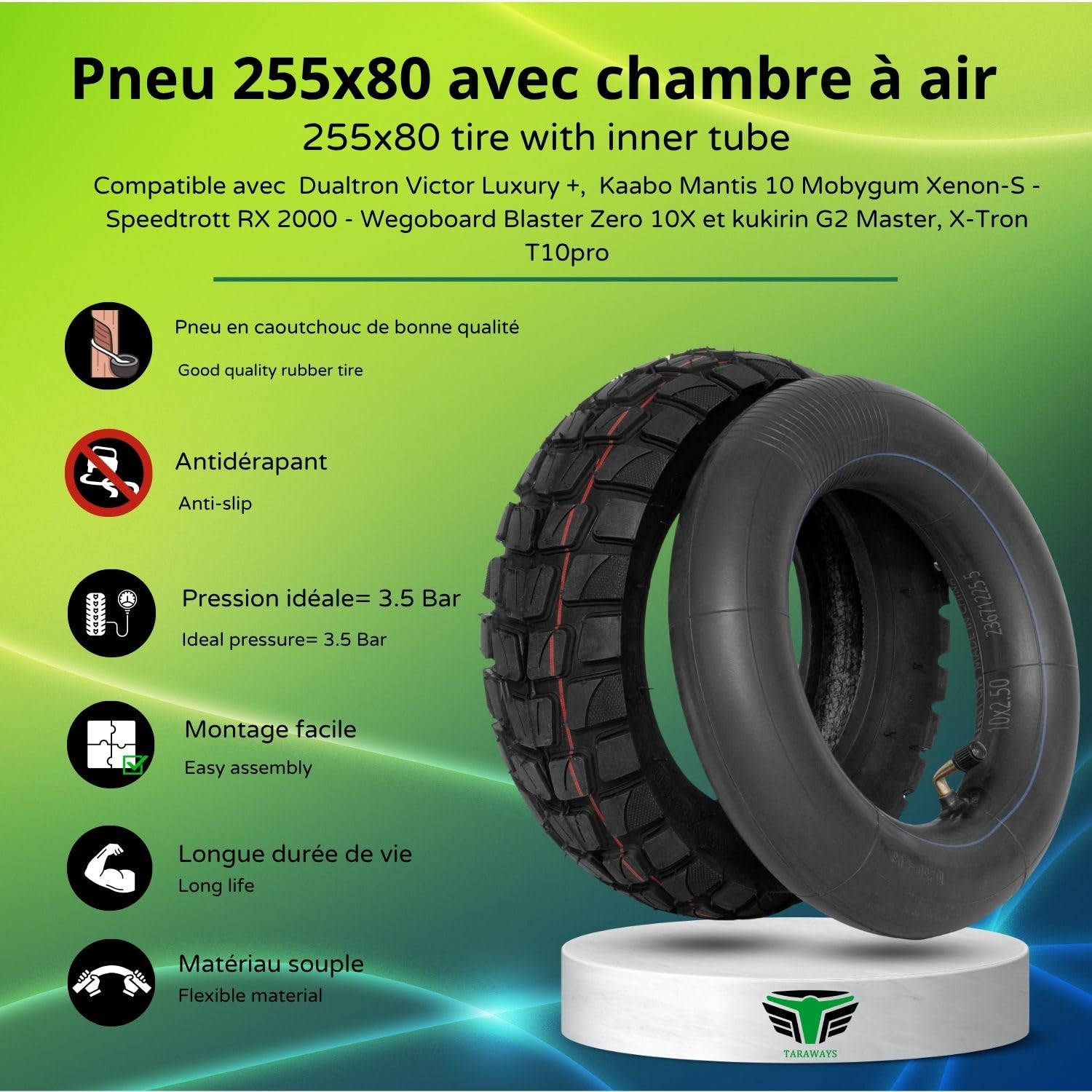 Pneu et Chambre à air 255x80 Pour Trottinette Dualtron Victor Luxury +, Kaabo Mantis 10 Mobygum Xenon-S - Speedtrott RX 2000 - Wegoboard Blaster Zero 10X et kukirin G2 Master, Nanrobot D6+(Tire+Tube)