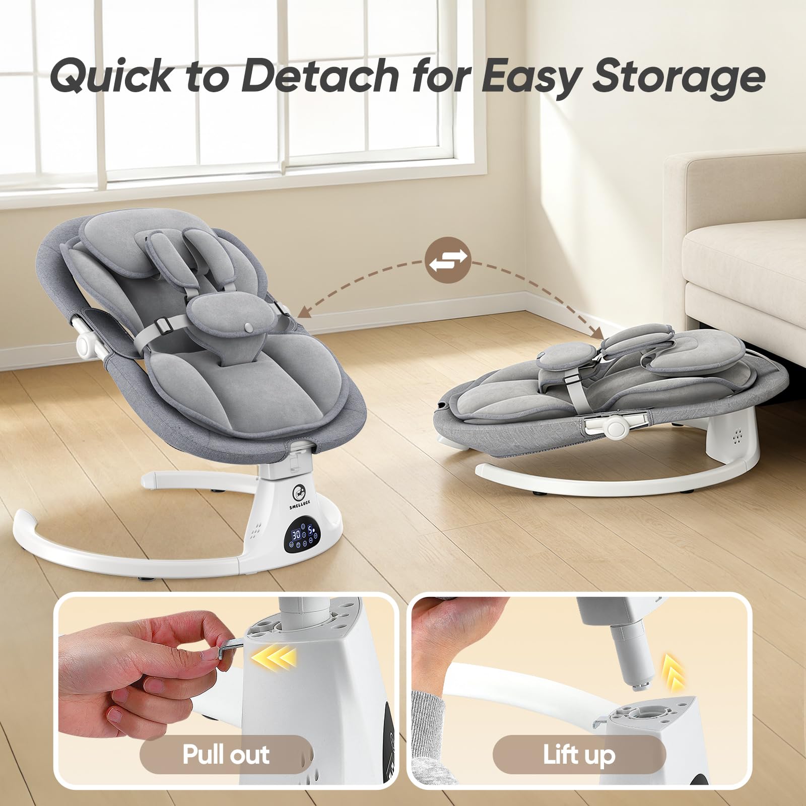 Balancelle Bébé Électrique avec Dossier Réglable sur 3 Positions | 5 vitesses, 12 mélodies apaisantes, minuterie 8/15/30 min, télécommande, coussin amovible, 3 alimentations