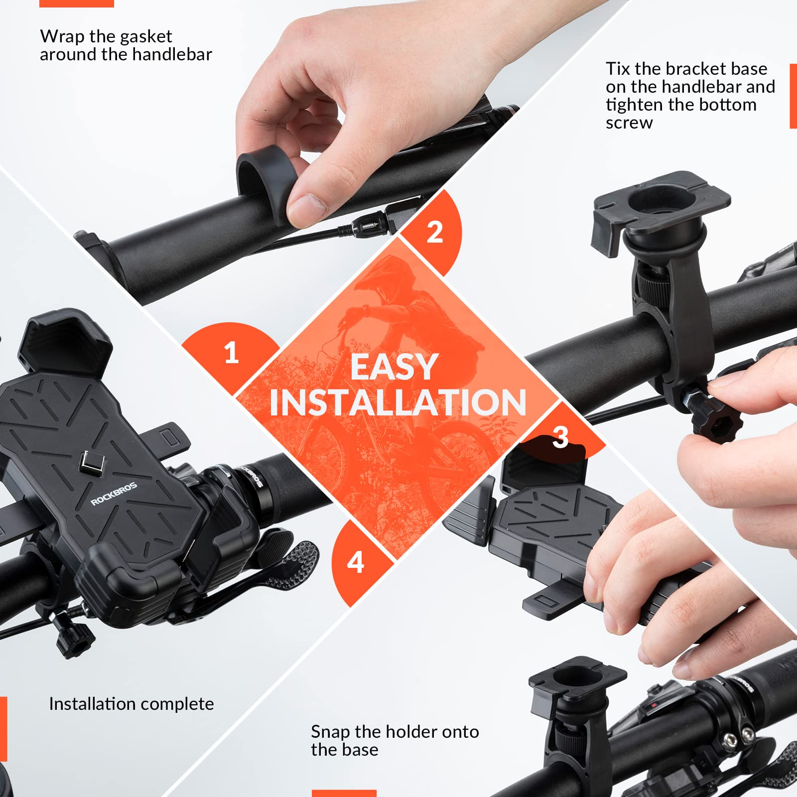 ROCKBROS Supporto Porta Cellulare Bici, Portatelefono per Moto Bicicletta Ebike Monopattino, 360° Rotabile, Blocco Telefono Automaticamente, per Smartphone 4,5”-7,2”, Accessori Bici