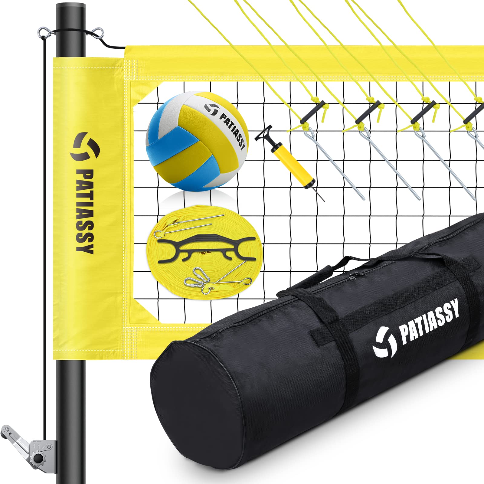 Patiassy Portable Professional Outdoor Volleyball Net Set with Winch System, Adjustable Height Aluminum Poles, Volleyball with Pump and Carrying Bag for Backyard Beach