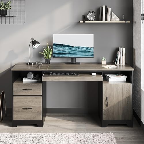 Bestier 59” Executive Desk with 2 Drawers, Computer Desk with Storage Cabinet, Industrial Wood Desk with File Drawer, Keyboard Tray & 2 Pedestals for Home Office & Studio, Gray - Grey
