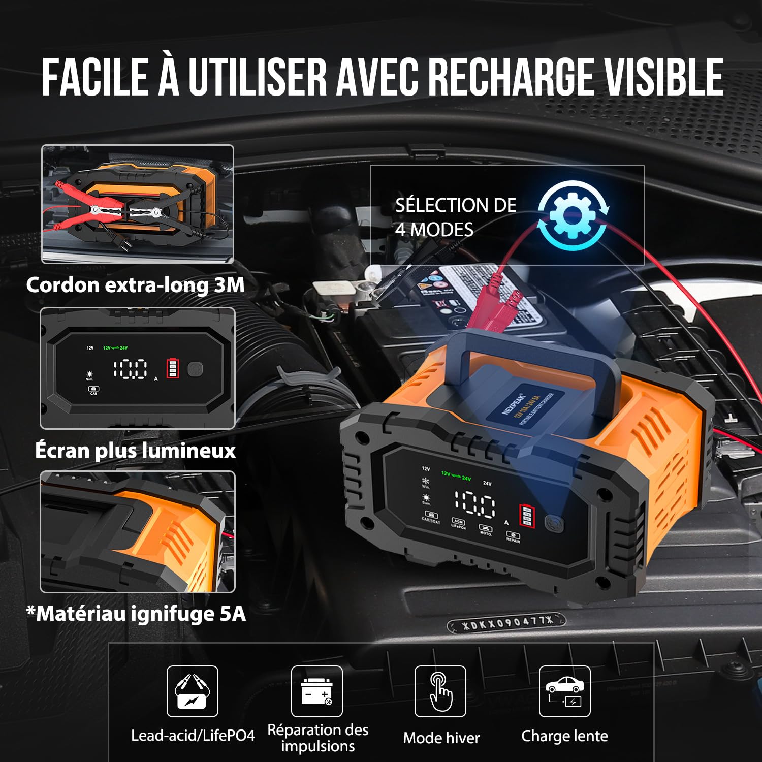Chargeur de Batterie Intelligent 10A, 12V 24V LiFePO4 Chargeurs de Batterie pour Auto, Mainteneur de Automatique avec Compensation de Température pour Voiture Moto Camion, AGM, Gel, Wet, SLA