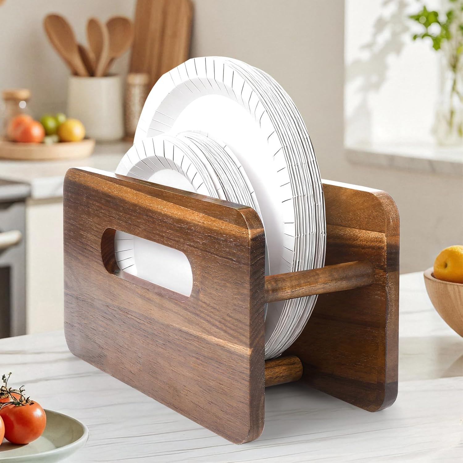 2 Pack Paper Plate Dispenser,Acacia Wood Foam Plate Storage Organizer for 7-12 inch Disposable Plate,Paper Plate Holder for Cabinet,Countertop,RV or Outdoor