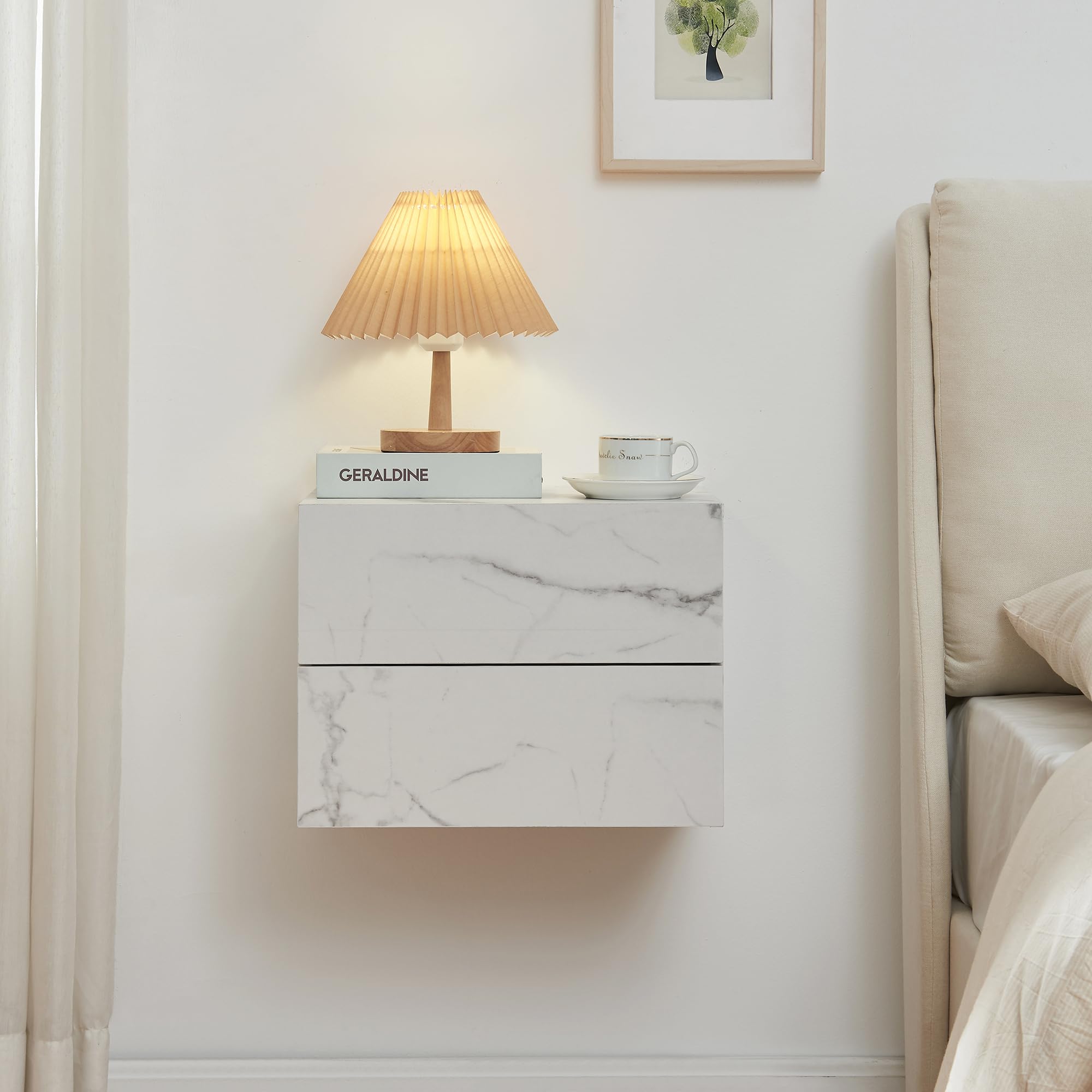 [en.casa] Comodino da Parete con 2 Cassetti 40 x 29 x 30 cm Cassettiera Pensile Portaoggetti da Muro - Effetto Marmo Bianco