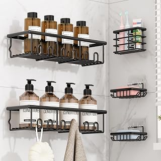5 Pack Adhesive Bathroom Holders & Dispensers for Kids & Adults, Black | Large Capacity No-Drilling Rustproof Shower Caddy Shelves Rack with Soap Dishes, Toothbrush Holder & Hooks