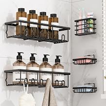 5 Pack Adhesive Bathroom Holders & Dispensers for Kids & Adults, Black | Large Capacity No-Drilling Rustproof Shower Caddy Shelves Rack with Soap Dishes, Toothbrush Holder & Hooks