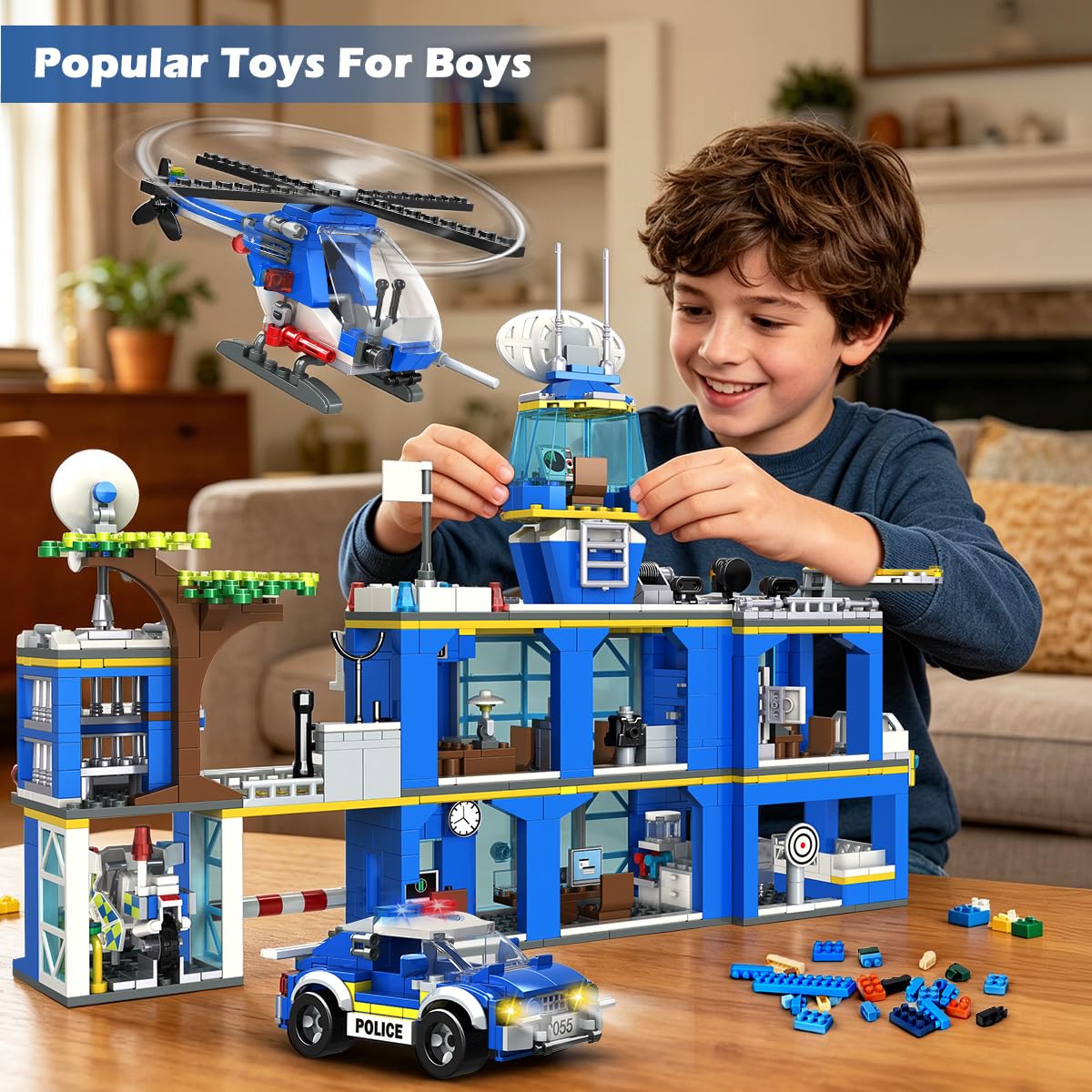 HOGOKIDS Polizeistation Bausatz – City-Polizei Baustein-Spielzeug für Jungen mit Hubschrauber, Motorrad, Auto Pädagogisches Konstruktionsspielzeug Kreativ-Geschenk für Kinder Jungen ab 6-10+ Jahren - 5
