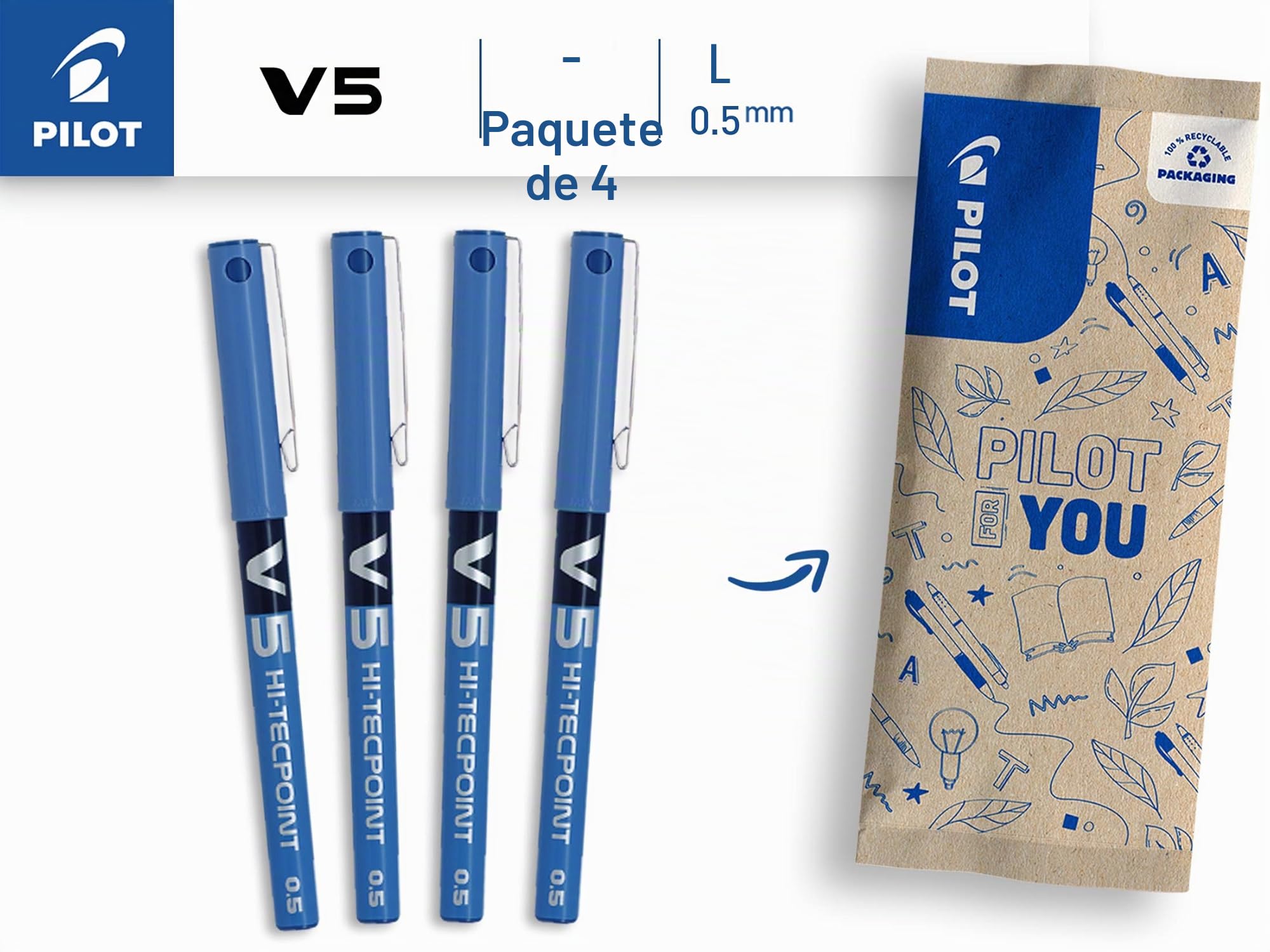 PILOT - Caja de 4 V5 - Bolígrafos Roller con Tinta Líquida - Punta de Aguja Fina para Escritura Suave y Precisa - Secado Rápido - Antimanchas - Azul - Punta Fina (0,5mm)