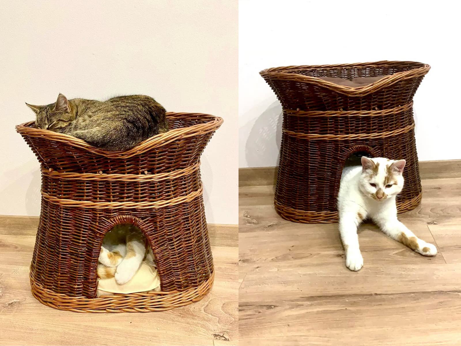 Kattenmand om te slapen, kattenhok voor binnen, maat XL: 70 cm ovaal, wilgenkattenhol, twee niveaus honden- of kattenbed met wasbare kussens in donkerbruin, natuurlijke mandkleur