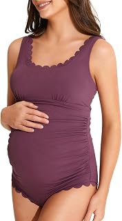 Summer Mae Scalloped Maternity Swimsuit One Piece Ribbed Bathing Suit Cutout Ruched Pregnancy Swimwear Tie Back