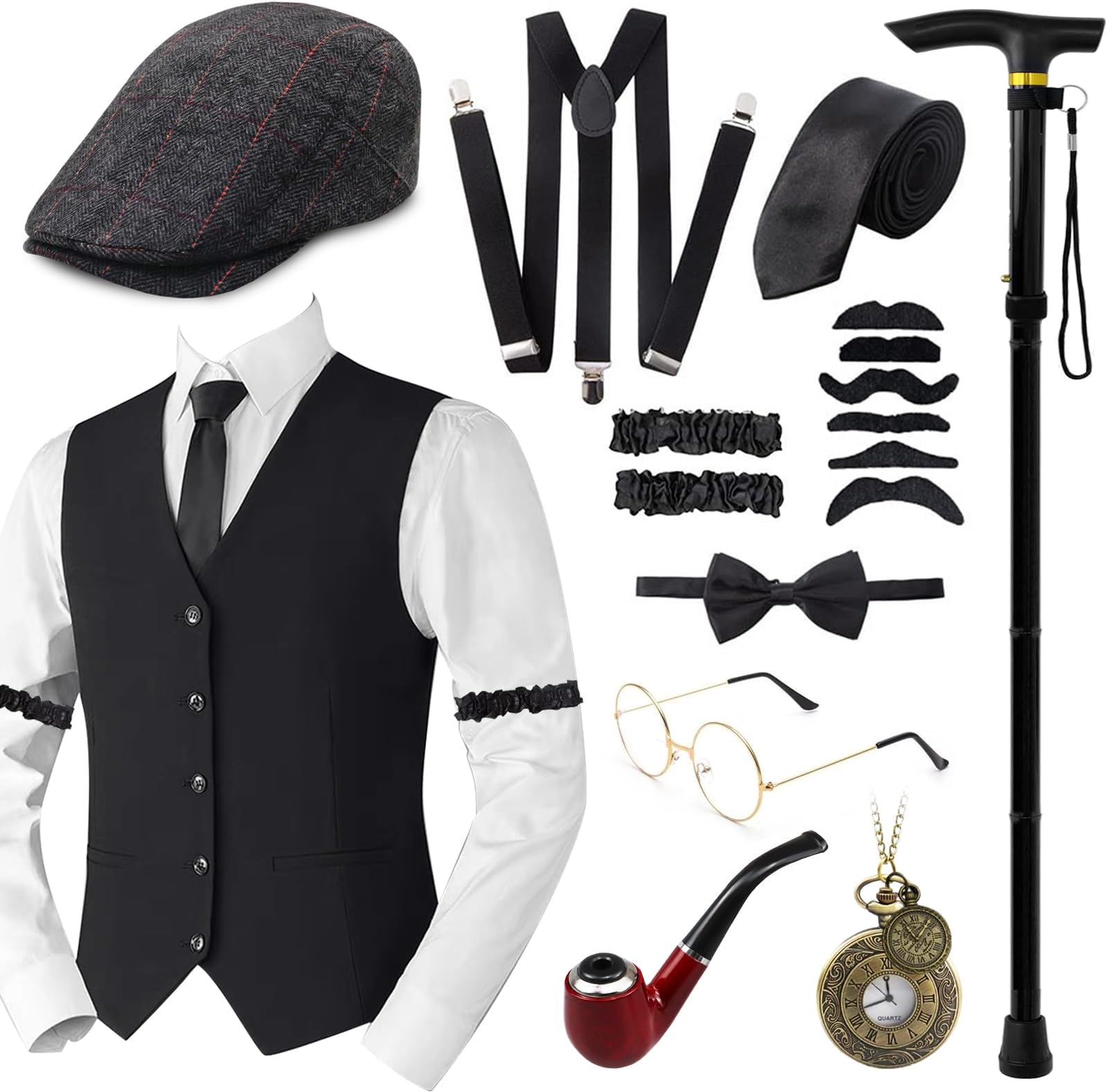 17PCS 1920s Mens Costume Gatsby Gangster Vest Roaring 20s Men's Accessories Set,1920s Mens Costume Gatsby Waistcoats Accessories Suit