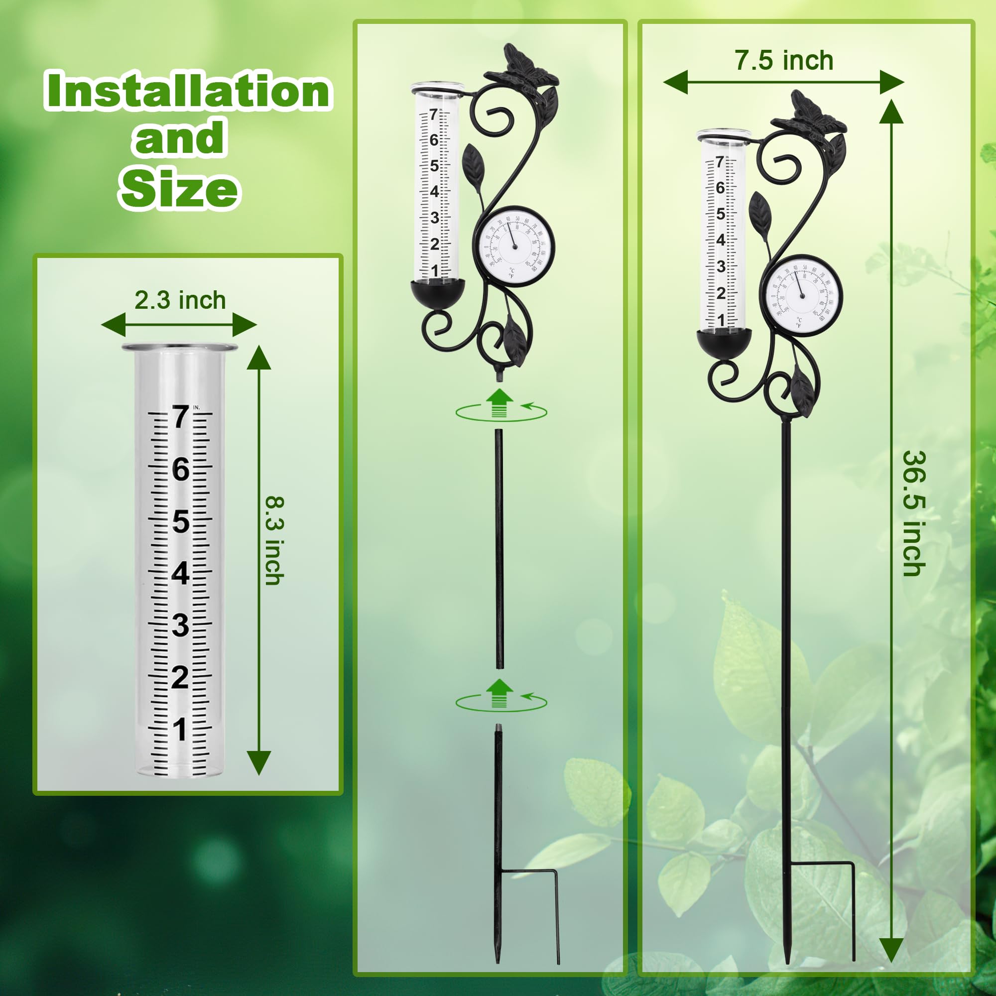 Pluviomètre papillon pour décoration de jardin, thermomètre de 81,3 cm, décoration de terrasse, 17,8 cm, tube de rechange en verre, température extérieure
